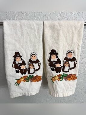 Vintage Publix Pilgrim Thanksgiving Kitchen Towels Set of 2 100% Cotton